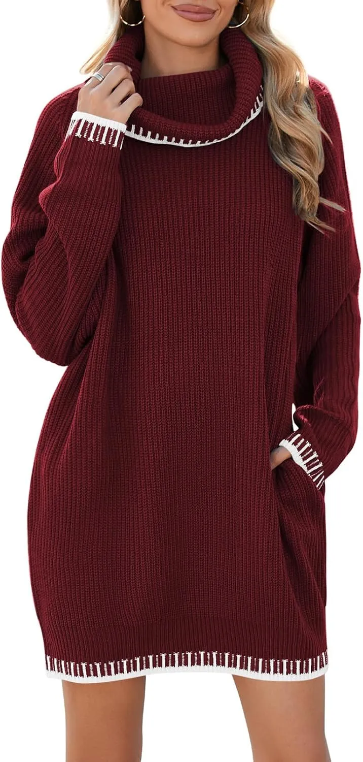 Pink Queen Women's Oversized Turtleneck Sweater Dress 2024 Casual Loose Long Sleeve Fall Winter Knit Mini Dress with Pockets