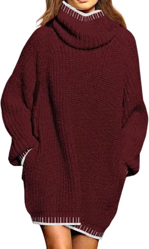 Pink Queen Women's Oversized Turtleneck Sweater Dress 2024 Casual Loose Long Sleeve Fall Winter Knit Mini Dress with Pockets