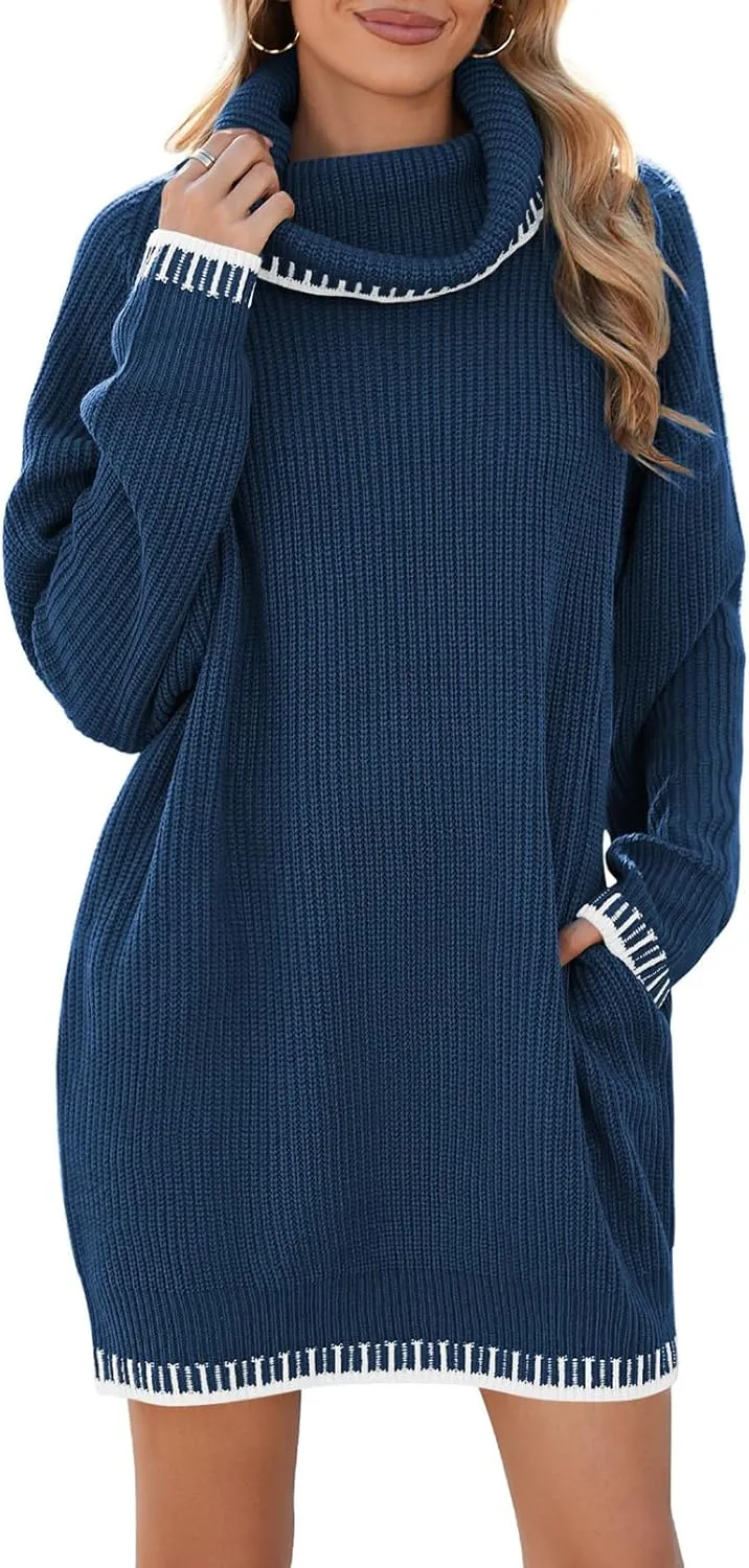 Pink Queen Women's Oversized Turtleneck Sweater Dress 2024 Casual Loose Long Sleeve Fall Winter Knit Mini Dress with Pockets