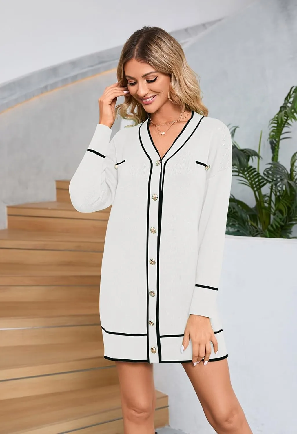 Pink Queen Women's V Neck Long Sleeve Mini Dress Elegant Button Down Open Front Color Block Knit Sweater Cardiagns with Belt