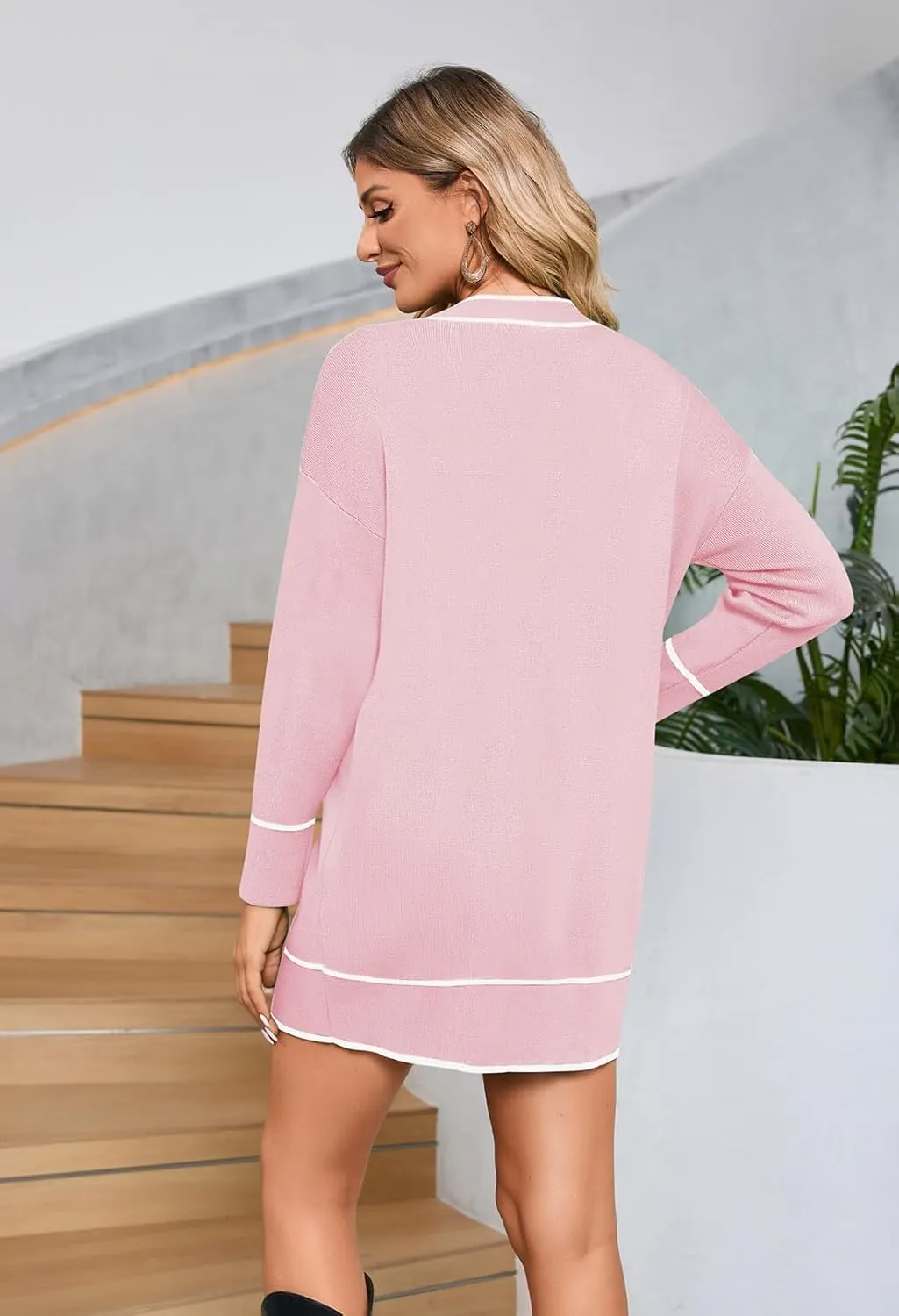 Pink Queen Women's V Neck Long Sleeve Mini Dress Elegant Button Down Open Front Color Block Knit Sweater Cardiagns with Belt