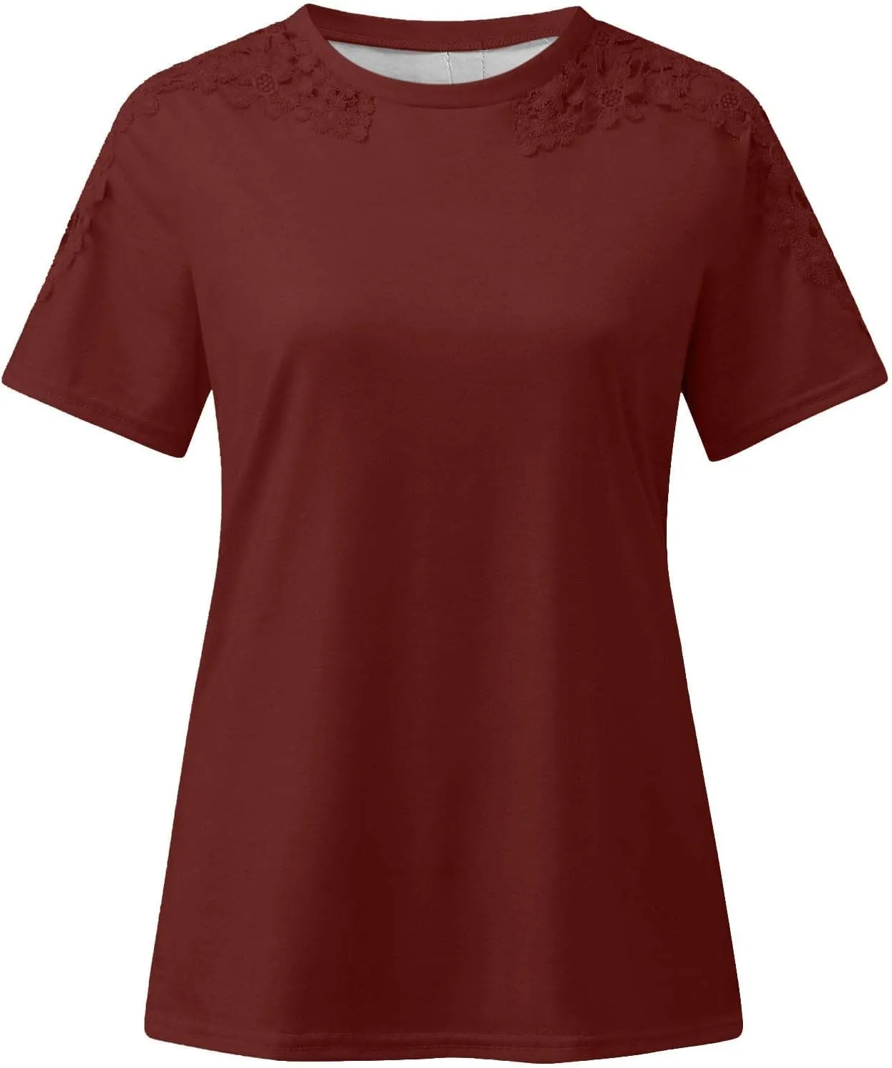 Plain T Shirts for Women 2023 Dressy Casual Short Sleeve Lace Blouse Sexy Crew Neck Solid Summer Top Classic Work Tee