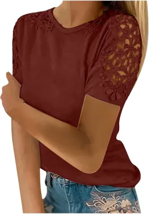 Plain T Shirts for Women 2023 Dressy Casual Short Sleeve Lace Blouse Sexy Crew Neck Solid Summer Top Classic Work Tee