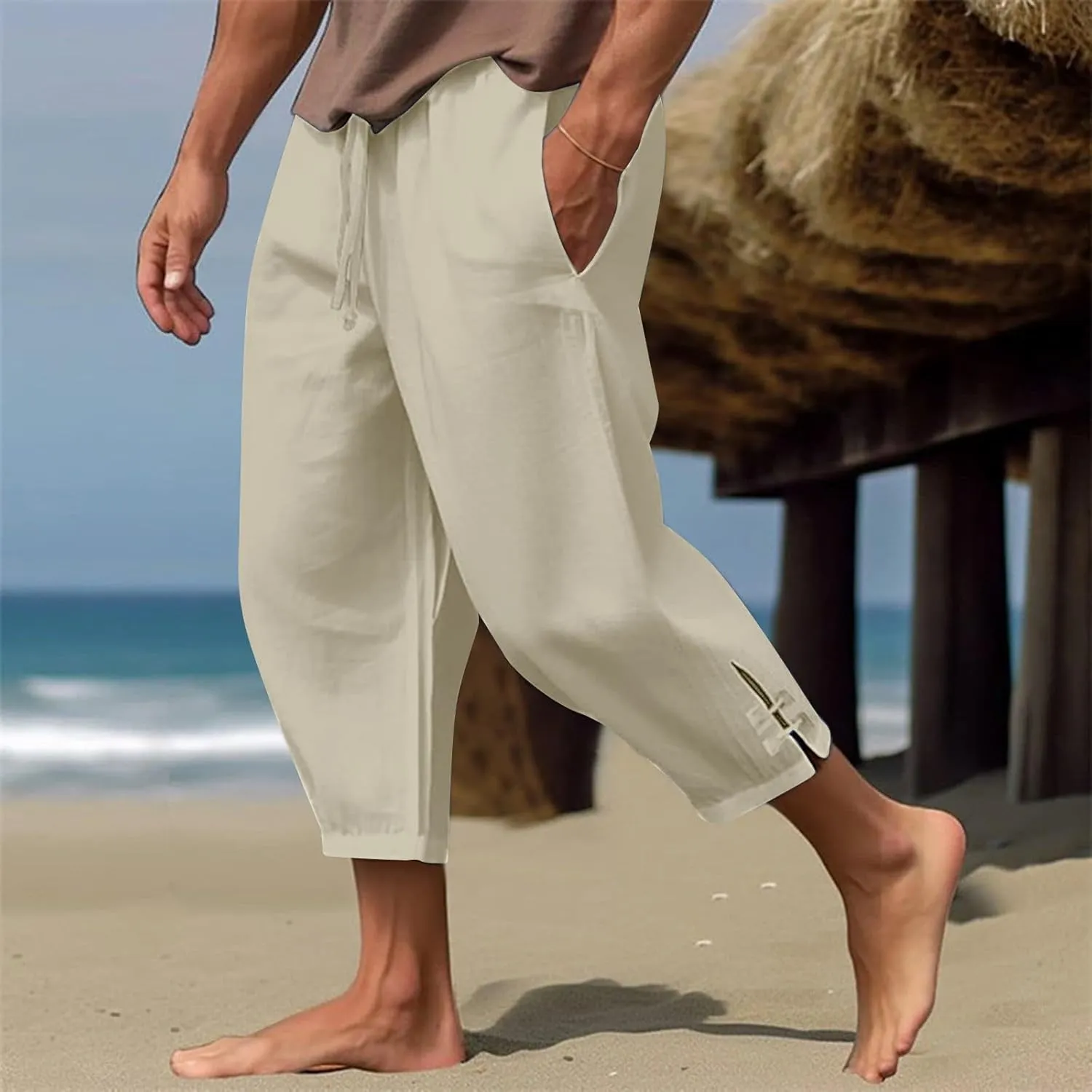 Plus Size Cropped Pants Men Summer Drawstring Elastic Waist Pants Crop Linen Pants with Pockets Hippie Harem Pants