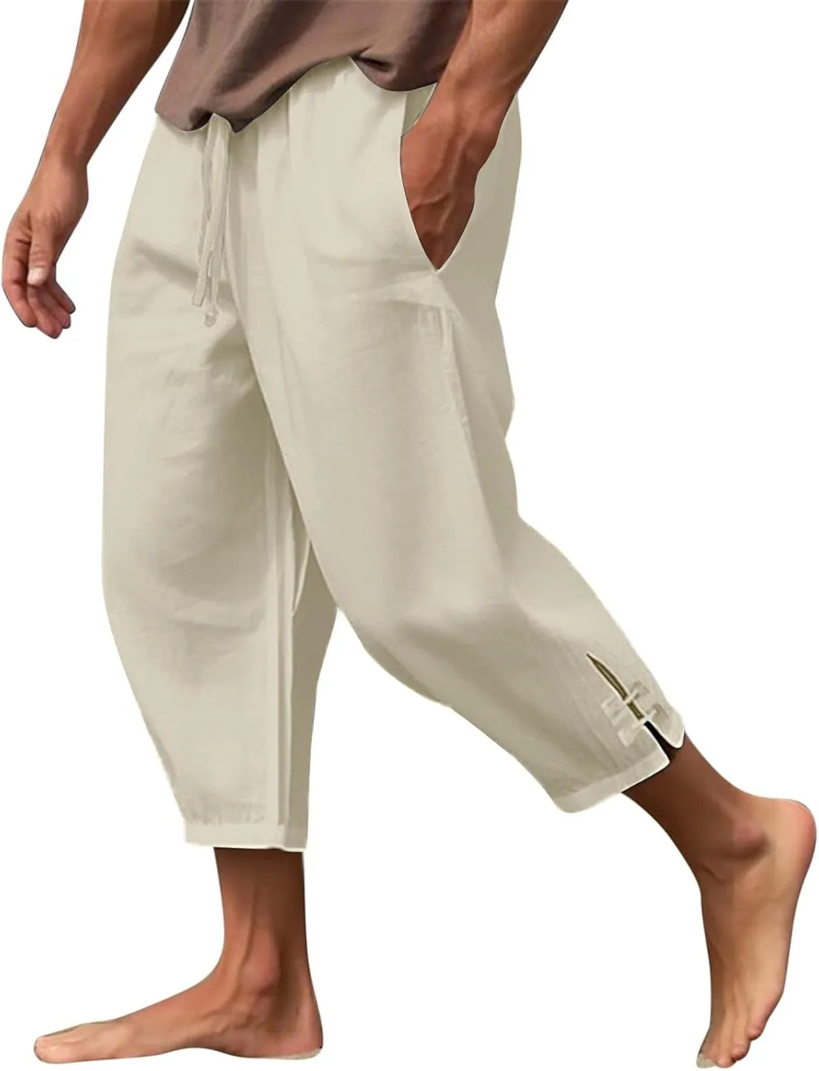 Plus Size Cropped Pants Men Summer Drawstring Elastic Waist Pants Crop Linen Pants with Pockets Hippie Harem Pants