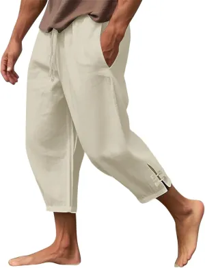 Plus Size Cropped Pants Men Summer Drawstring Elastic Waist Pants Crop Linen Pants with Pockets Hippie Harem Pants