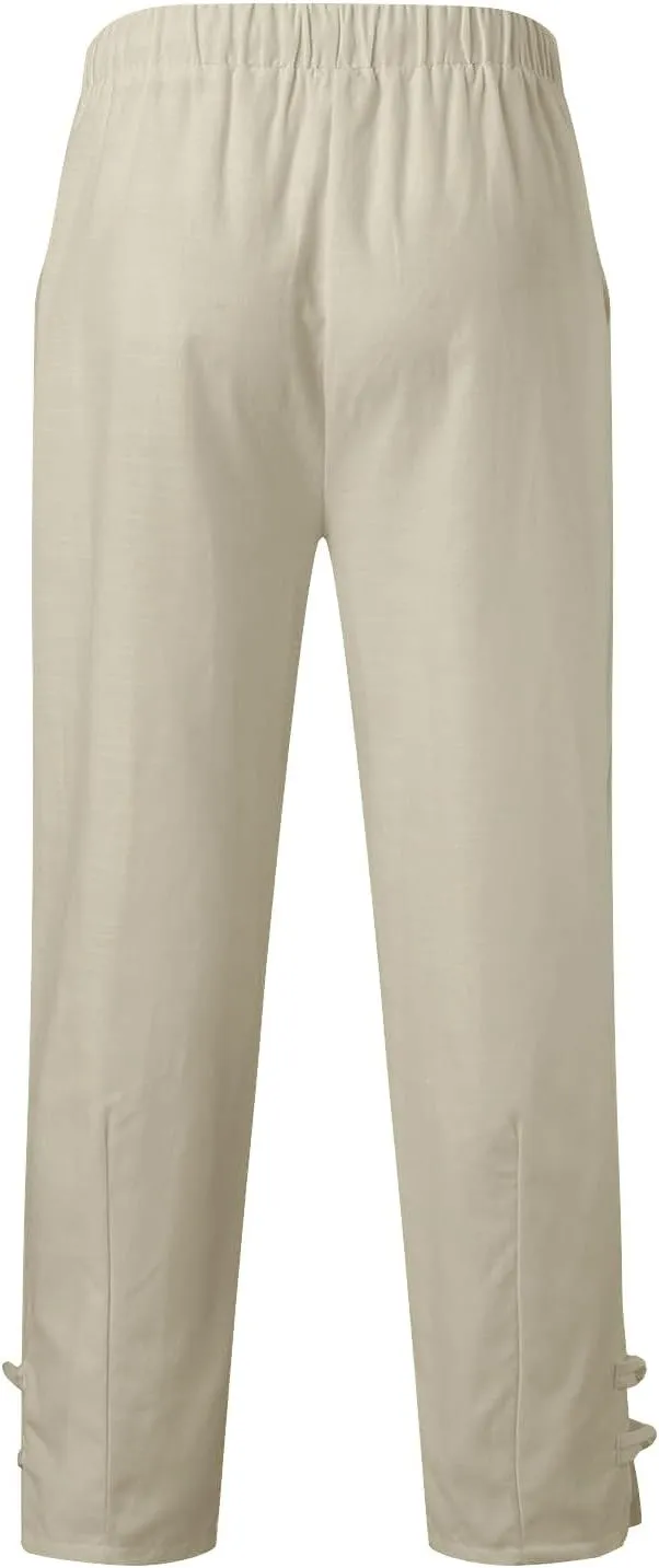 Plus Size Cropped Pants Men Summer Drawstring Elastic Waist Pants Crop Linen Pants with Pockets Hippie Harem Pants