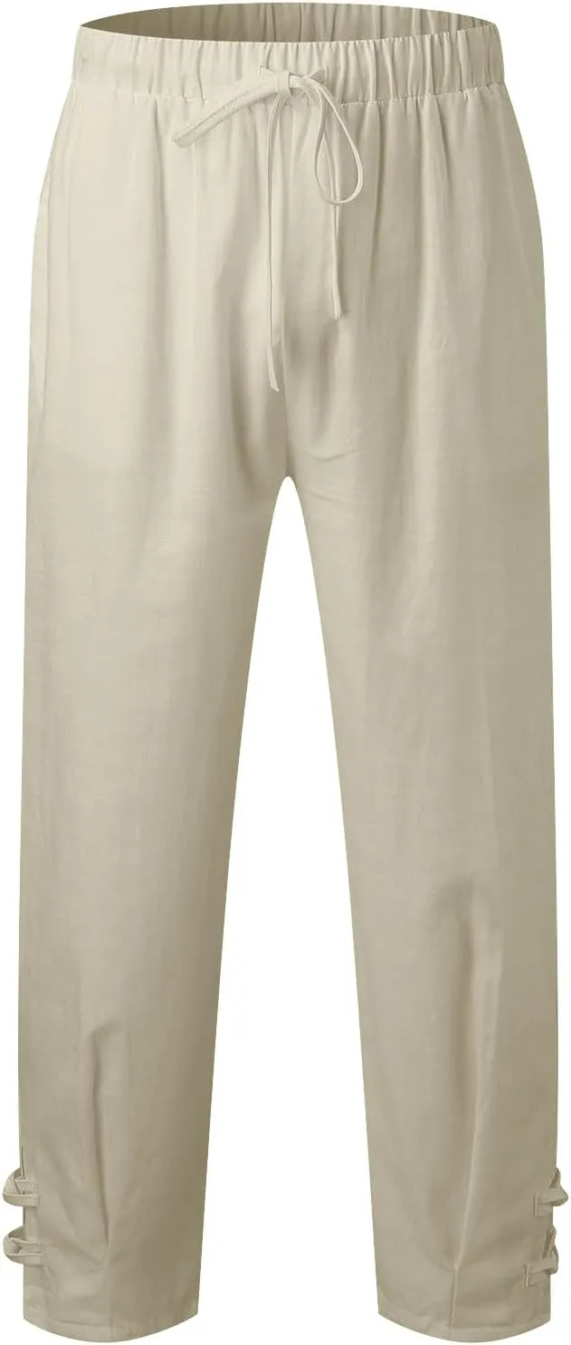 Plus Size Cropped Pants Men Summer Drawstring Elastic Waist Pants Crop Linen Pants with Pockets Hippie Harem Pants