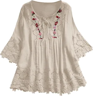 Plus Size Linen Blouse Women Vintage Lace Patchwork Bow V-Neck Embroidery Summer 3/4 Sleeve Retro Tops T-Shirt