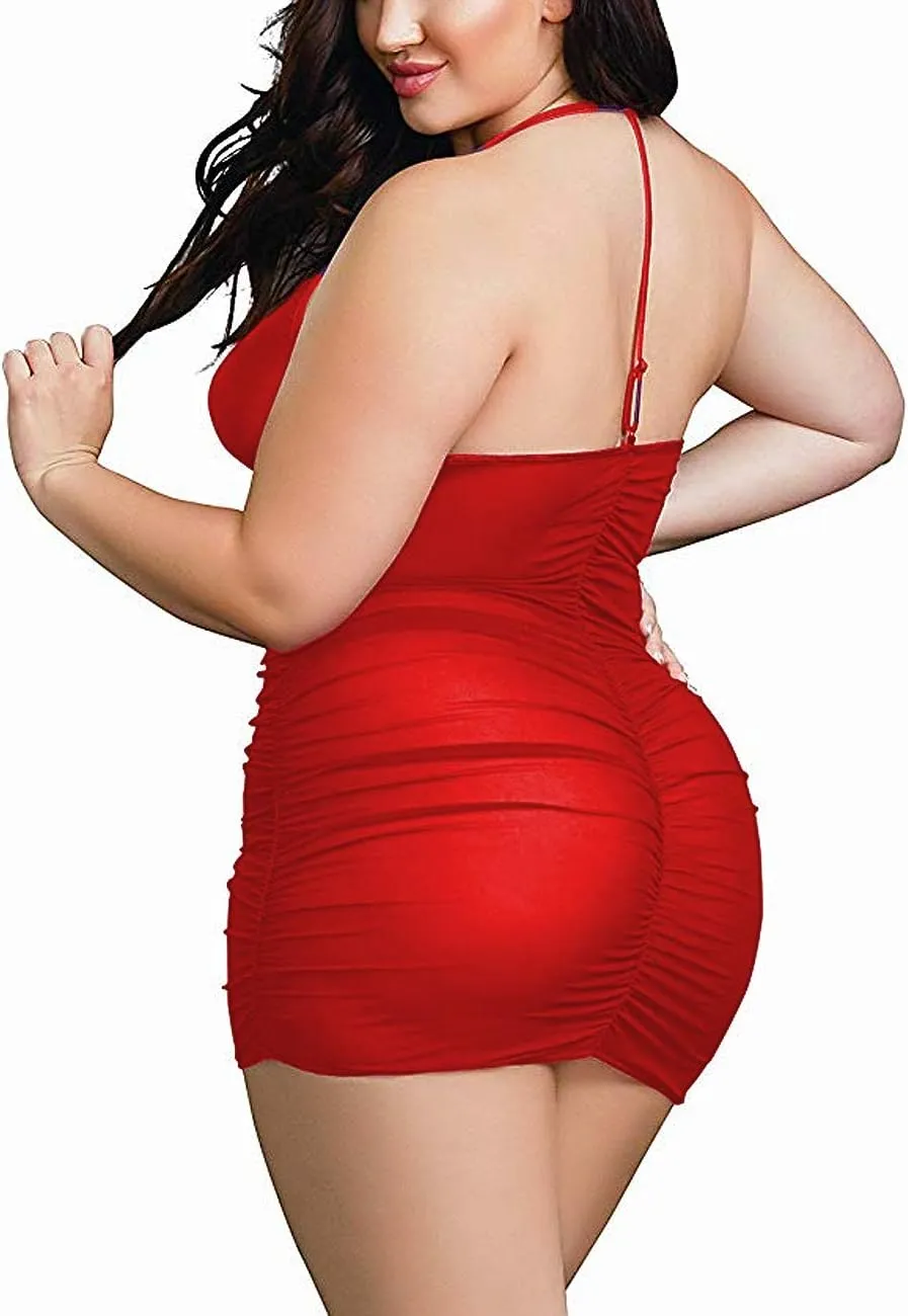 Plus Size Sheer Stretch Mesh Babydoll Dress Zipper Shirring Halter Chemise Curvy Sexy Lingerie for Women