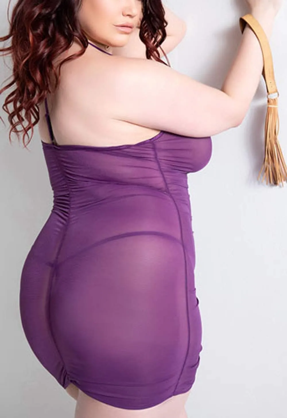 Plus Size Sheer Stretch Mesh Babydoll Dress Zipper Shirring Halter Chemise Curvy Sexy Lingerie for Women