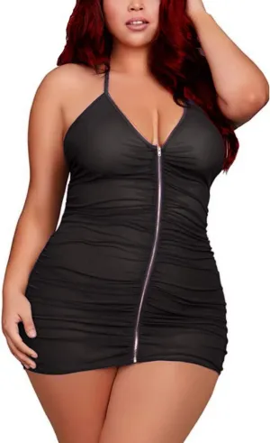 Plus Size Sheer Stretch Mesh Babydoll Dress Zipper Shirring Halter Chemise Curvy Sexy Lingerie for Women