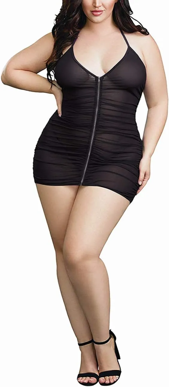 Plus Size Sheer Stretch Mesh Babydoll Dress Zipper Shirring Halter Chemise Curvy Sexy Lingerie for Women