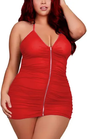 Plus Size Sheer Stretch Mesh Babydoll Dress Zipper Shirring Halter Chemise Curvy Sexy Lingerie for Women
