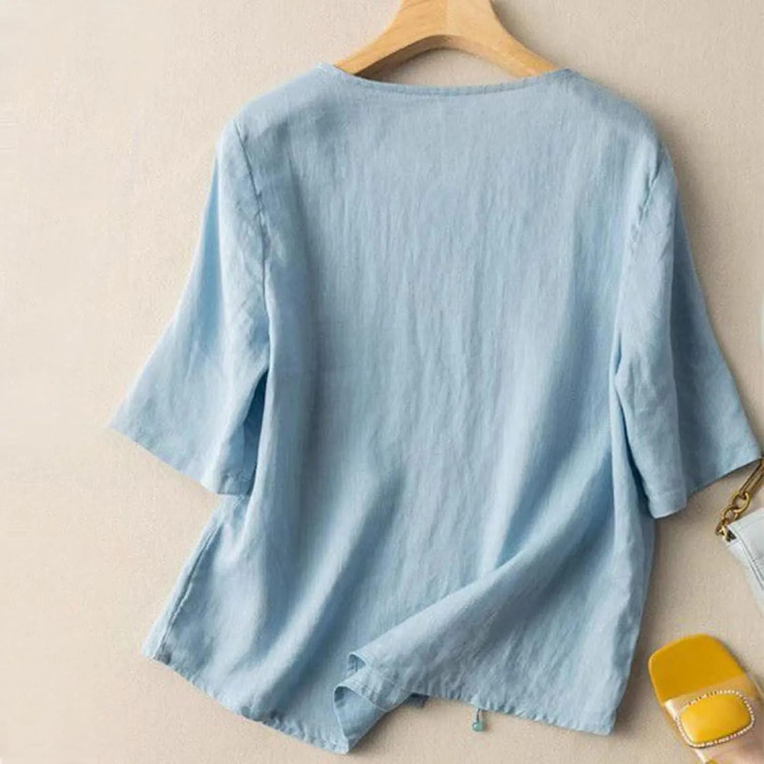 Plus Size Womens Linen Tops Solid Color Loose Half Length Sleeves T-Shirts Round Neck Lightweigt Comfy Summer Tees