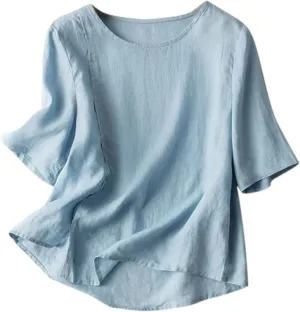 Plus Size Womens Linen Tops Solid Color Loose Half Length Sleeves T-Shirts Round Neck Lightweigt Comfy Summer Tees
