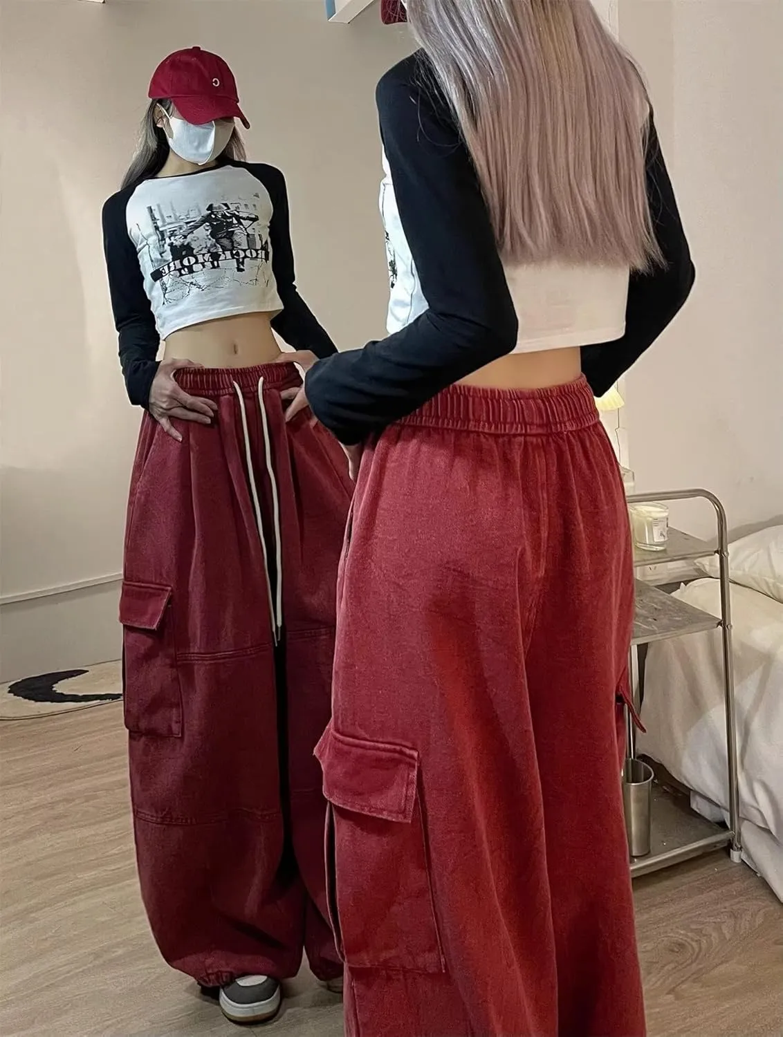 Pooyikoi Women's Baggy Cargo Pants Y2K Pants Multi-Pocket Pants Gothic Harajuku Baggy Wide-Leg Pants Oversized Streetwear
