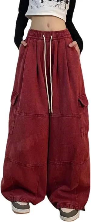Pooyikoi Women's Baggy Cargo Pants Y2K Pants Multi-Pocket Pants Gothic Harajuku Baggy Wide-Leg Pants Oversized Streetwear