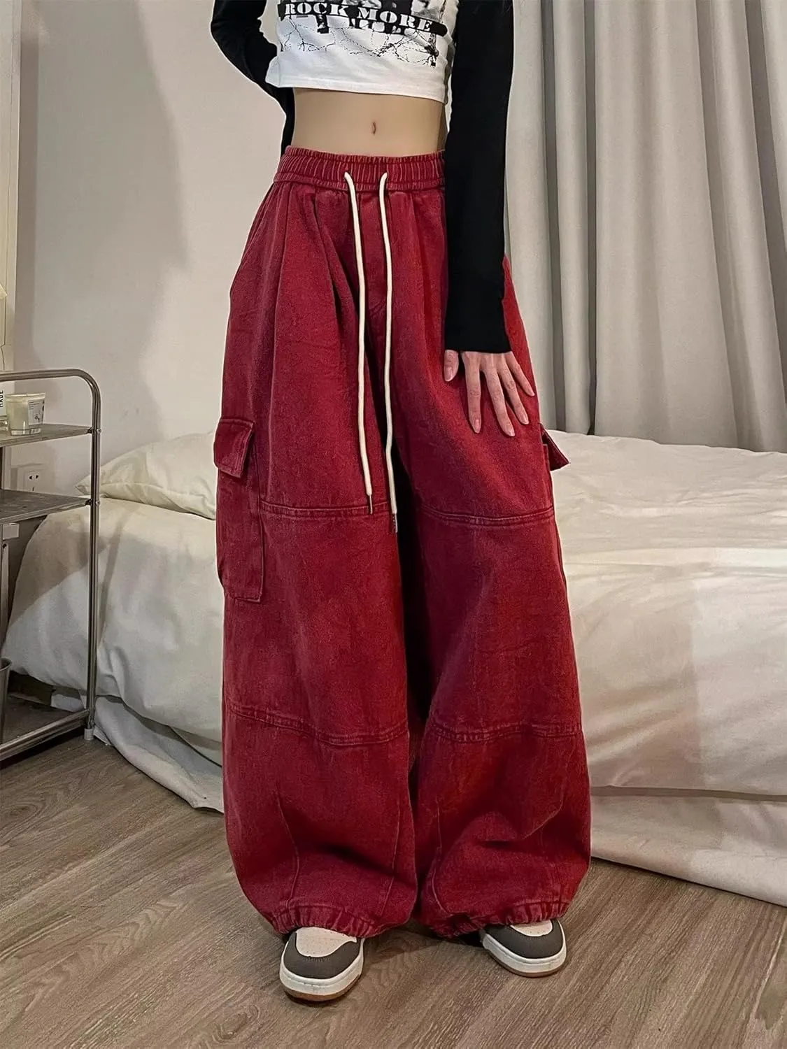 Pooyikoi Women's Baggy Cargo Pants Y2K Pants Multi-Pocket Pants Gothic Harajuku Baggy Wide-Leg Pants Oversized Streetwear