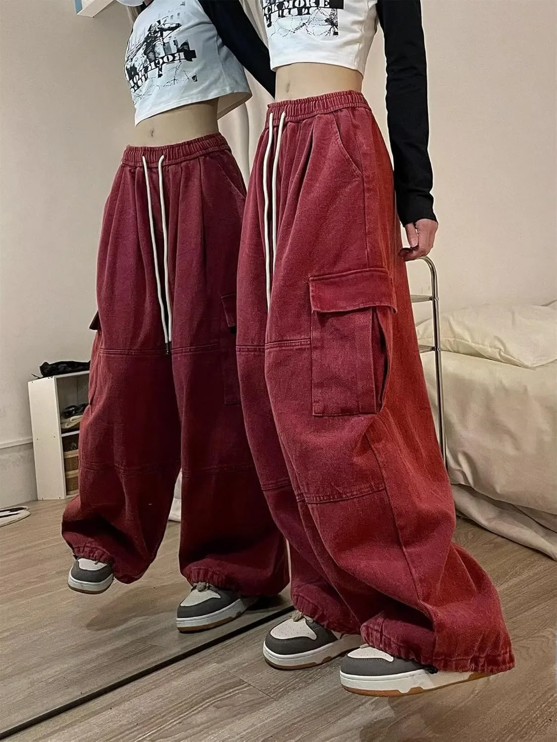 Pooyikoi Women's Baggy Cargo Pants Y2K Pants Multi-Pocket Pants Gothic Harajuku Baggy Wide-Leg Pants Oversized Streetwear