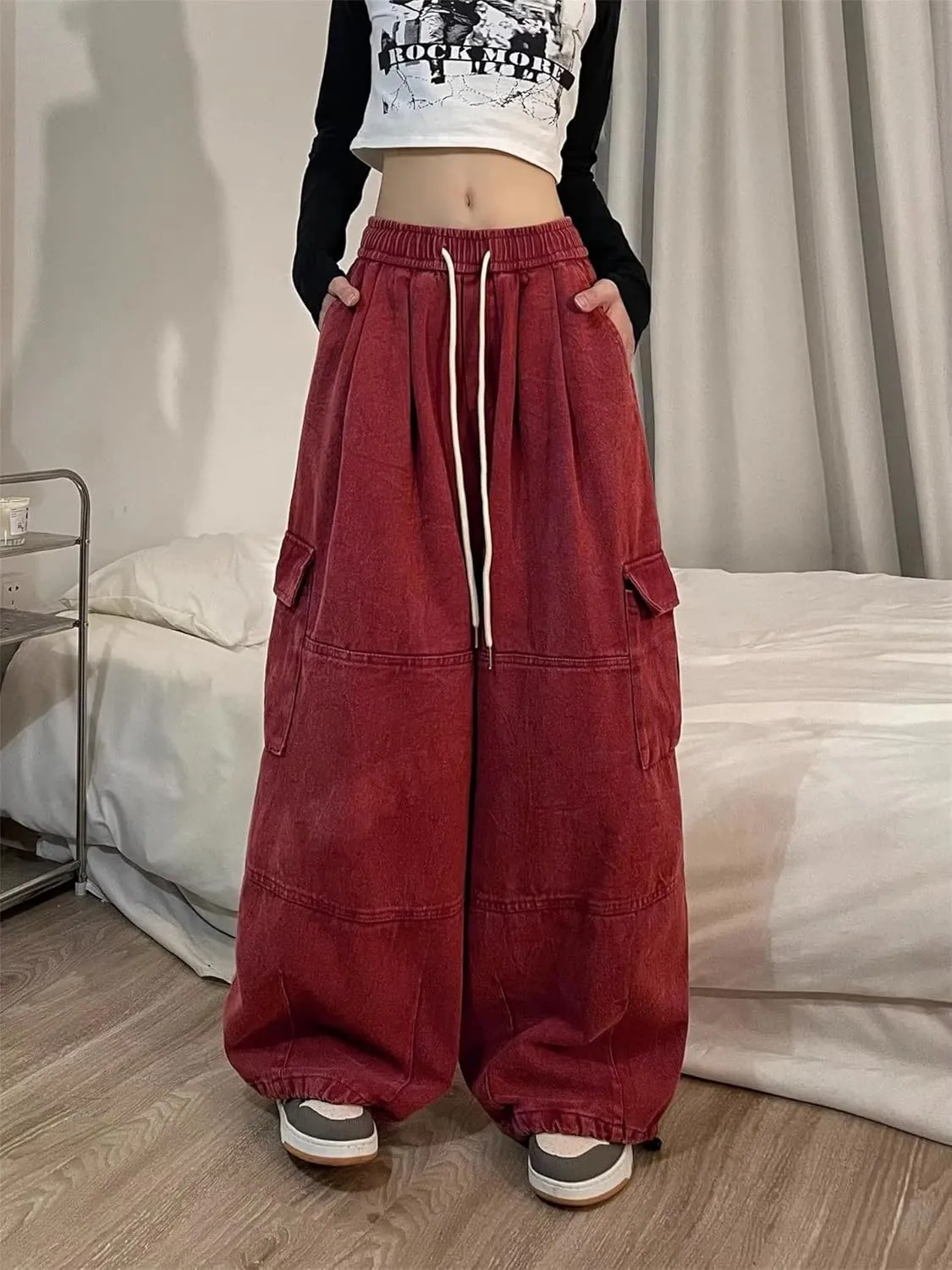 Pooyikoi Women's Baggy Cargo Pants Y2K Pants Multi-Pocket Pants Gothic Harajuku Baggy Wide-Leg Pants Oversized Streetwear