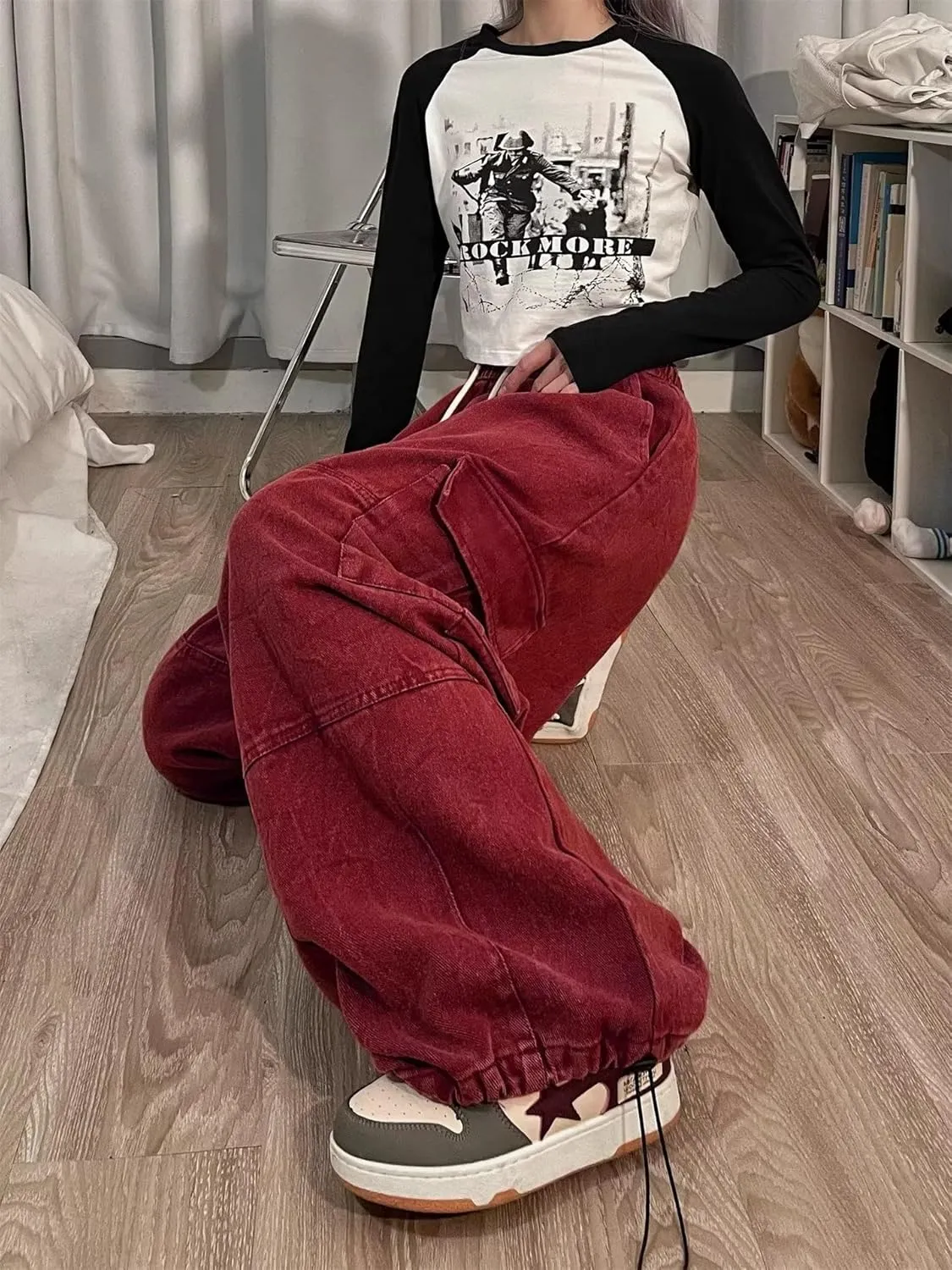Pooyikoi Women's Baggy Cargo Pants Y2K Pants Multi-Pocket Pants Gothic Harajuku Baggy Wide-Leg Pants Oversized Streetwear