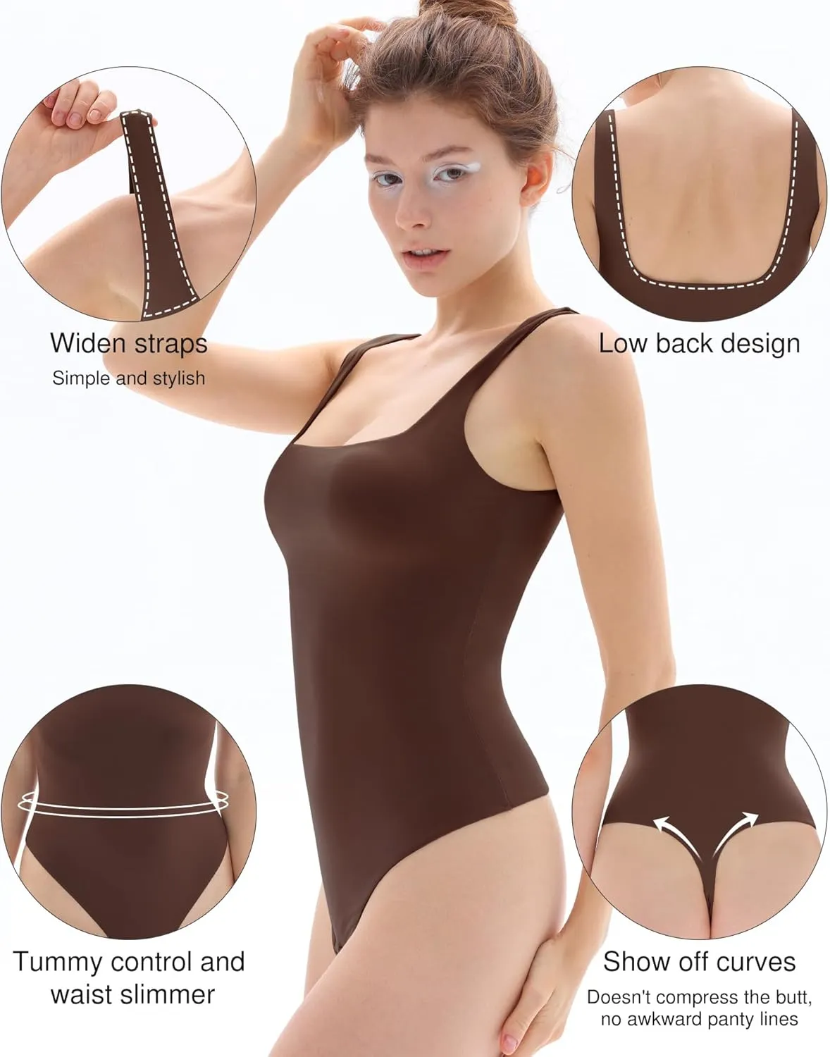 Popilush Double Lined Square Neck Body suits Backless Bodysuit Tank Tops Comfortable Bodysuits Tops