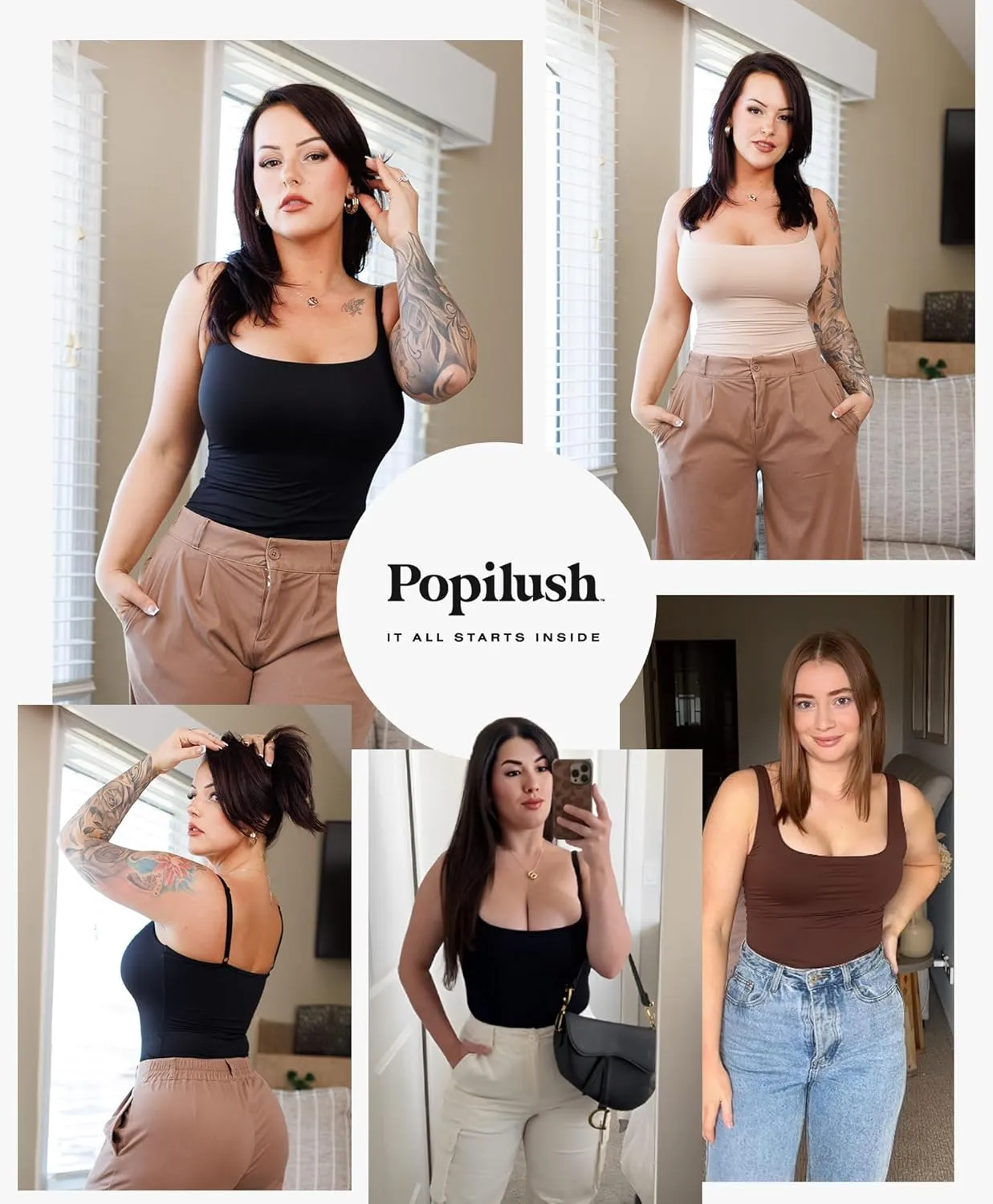 Popilush Double Lined Square Neck Body suits Backless Bodysuit Tank Tops Comfortable Bodysuits Tops