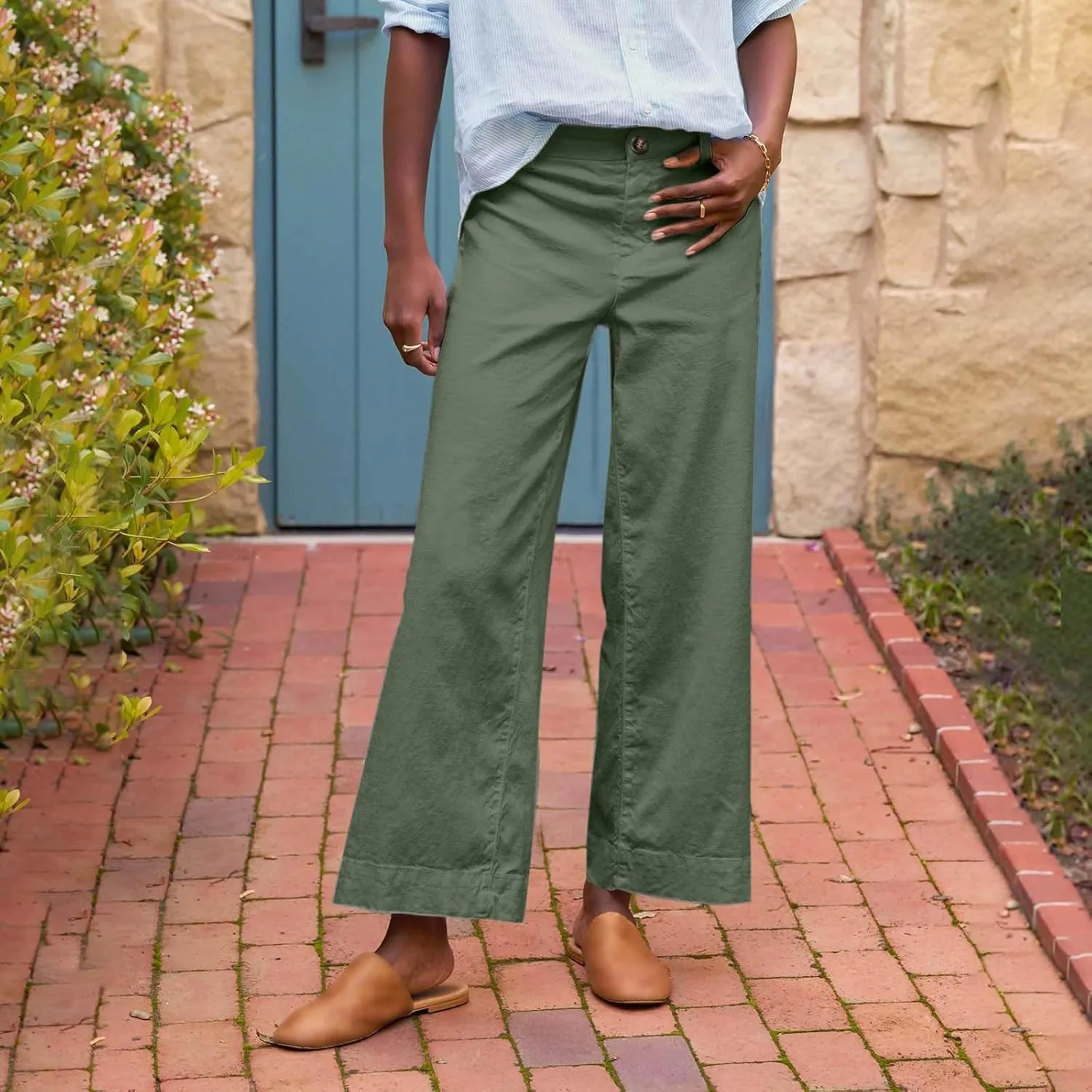 PTOLOCIF Cotton Linen Pants Women,Cotton Linen Palazzo Pants Drawstring Elastic Waist Beach Pants Wide Leg Dress Pants