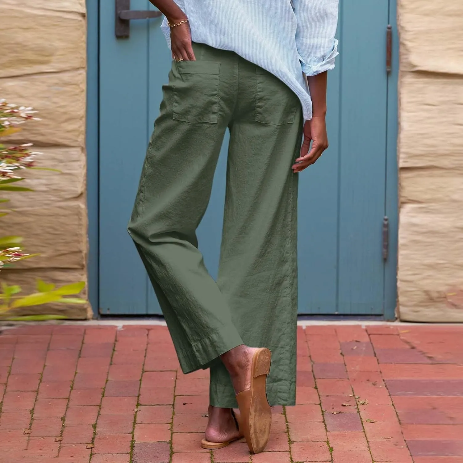 PTOLOCIF Cotton Linen Pants Women,Cotton Linen Palazzo Pants Drawstring Elastic Waist Beach Pants Wide Leg Dress Pants