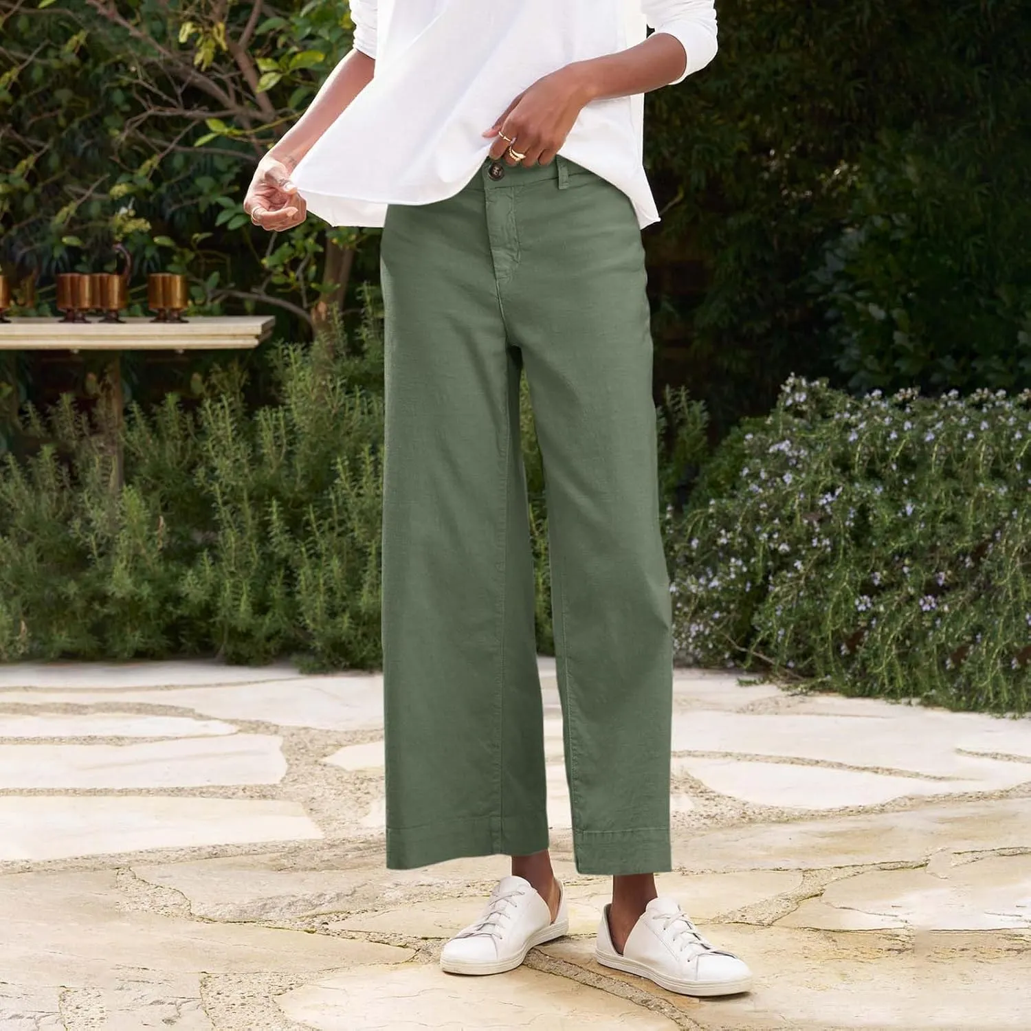 PTOLOCIF Cotton Linen Pants Women,Cotton Linen Palazzo Pants Drawstring Elastic Waist Beach Pants Wide Leg Dress Pants