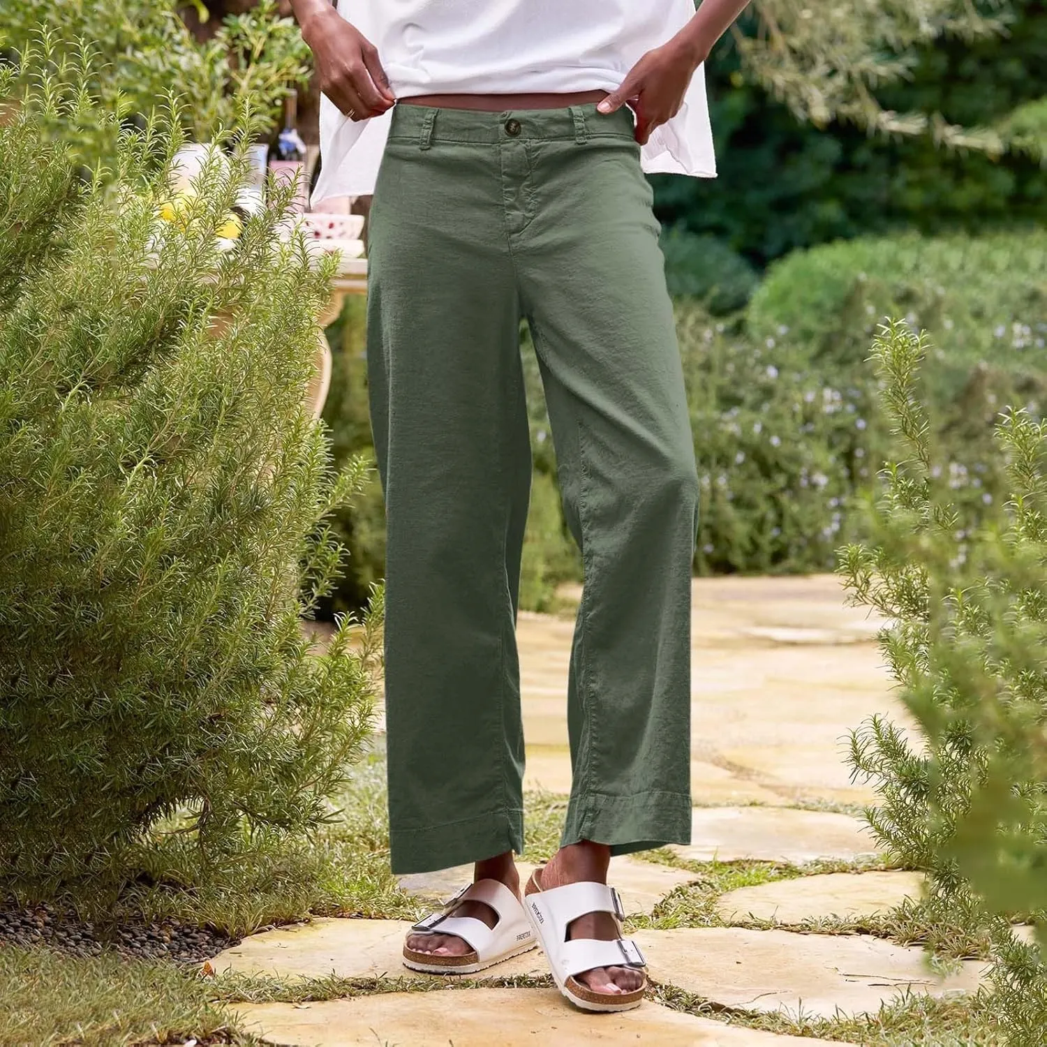 PTOLOCIF Cotton Linen Pants Women,Cotton Linen Palazzo Pants Drawstring Elastic Waist Beach Pants Wide Leg Dress Pants