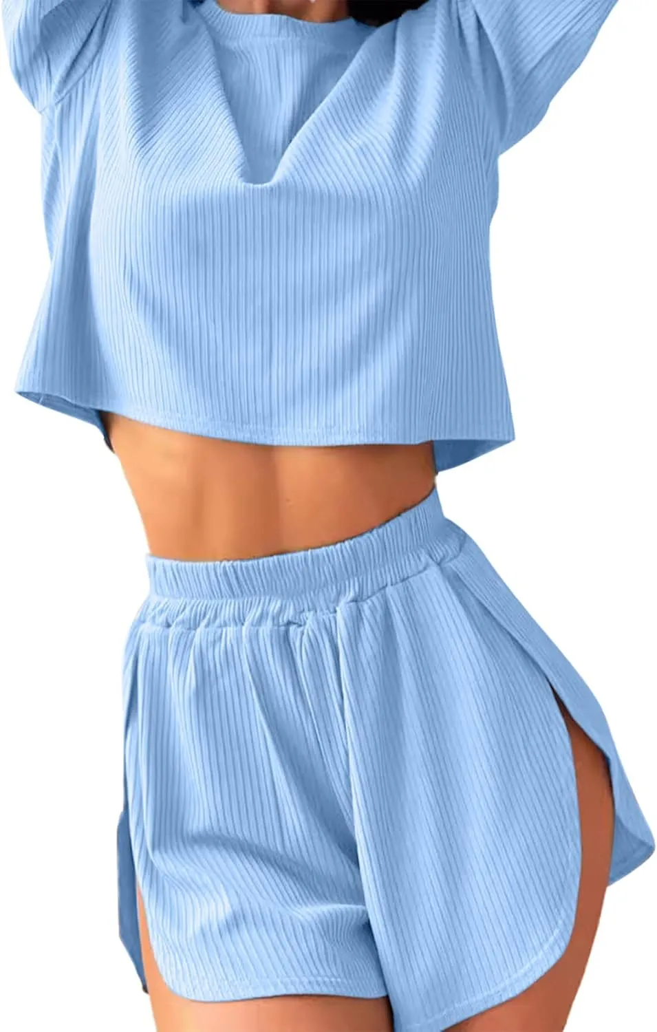 Remidoo Women's Striped Tee Shirts and Shorts Pajamas Set Side Slit Crewneck Loungewear