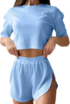 Remidoo Women's Striped Tee Shirts and Shorts Pajamas Set Side Slit Crewneck Loungewear