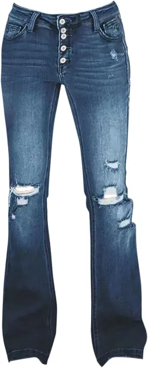 Ripped Bell Bottom Jeans Plus Size High Waist Bootcut Flared Denim Pants
