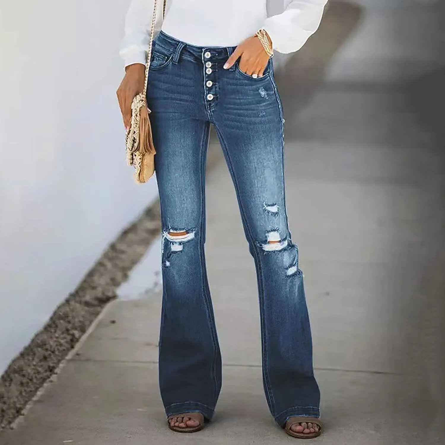 Ripped Bell Bottom Jeans Plus Size High Waist Bootcut Flared Denim Pants