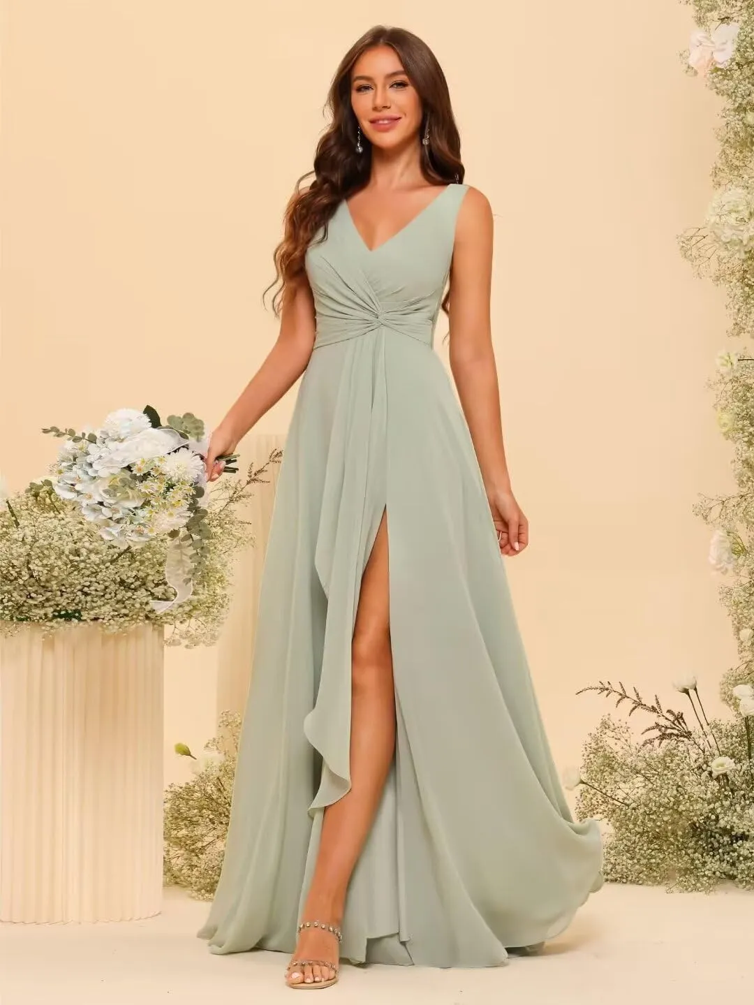 RSOETOO Chiffon Bridesmaid Dresses with Pockets A-line Ruffles Long Chiffon Formal Party Dress with Slit RO056
