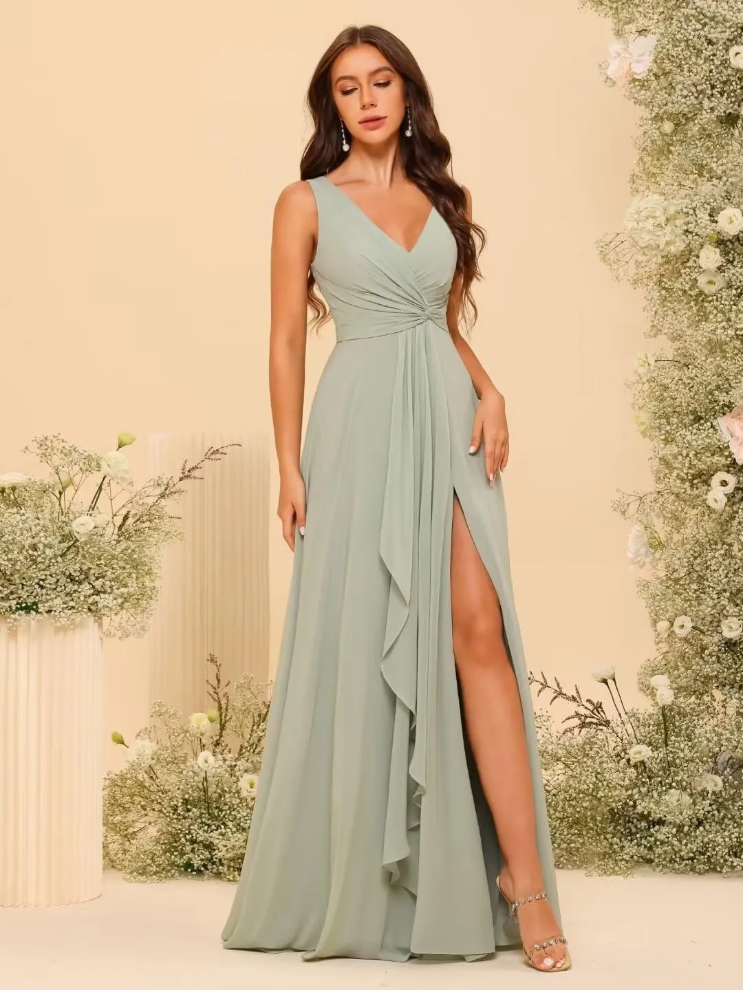 RSOETOO Chiffon Bridesmaid Dresses with Pockets A-line Ruffles Long Chiffon Formal Party Dress with Slit RO056