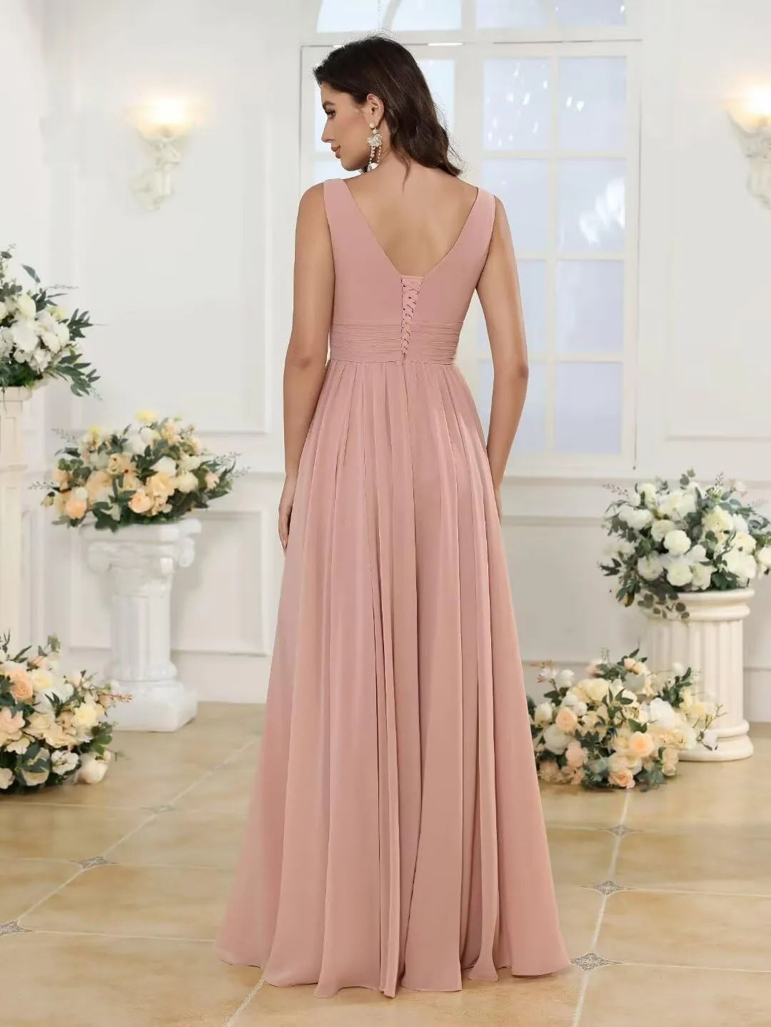 RSOETOO Chiffon Bridesmaid Dresses with Pockets A-line Ruffles Long Chiffon Formal Party Dress with Slit RO056