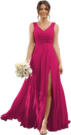 RSOETOO Chiffon Bridesmaid Dresses with Pockets A-line Ruffles Long Chiffon Formal Party Dress with Slit RO056