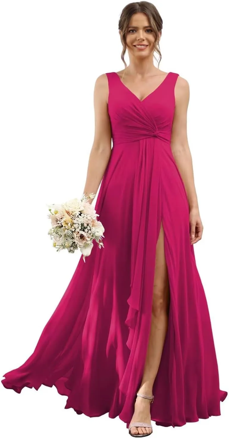 RSOETOO Chiffon Bridesmaid Dresses with Pockets A-line Ruffles Long Chiffon Formal Party Dress with Slit RO056