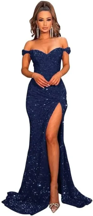 RSOETOO Sparkly Prom Dresses with Slit Long Mermaid Sequin Dress Off The Shoulder Ball Gowns Dress for Women RO032