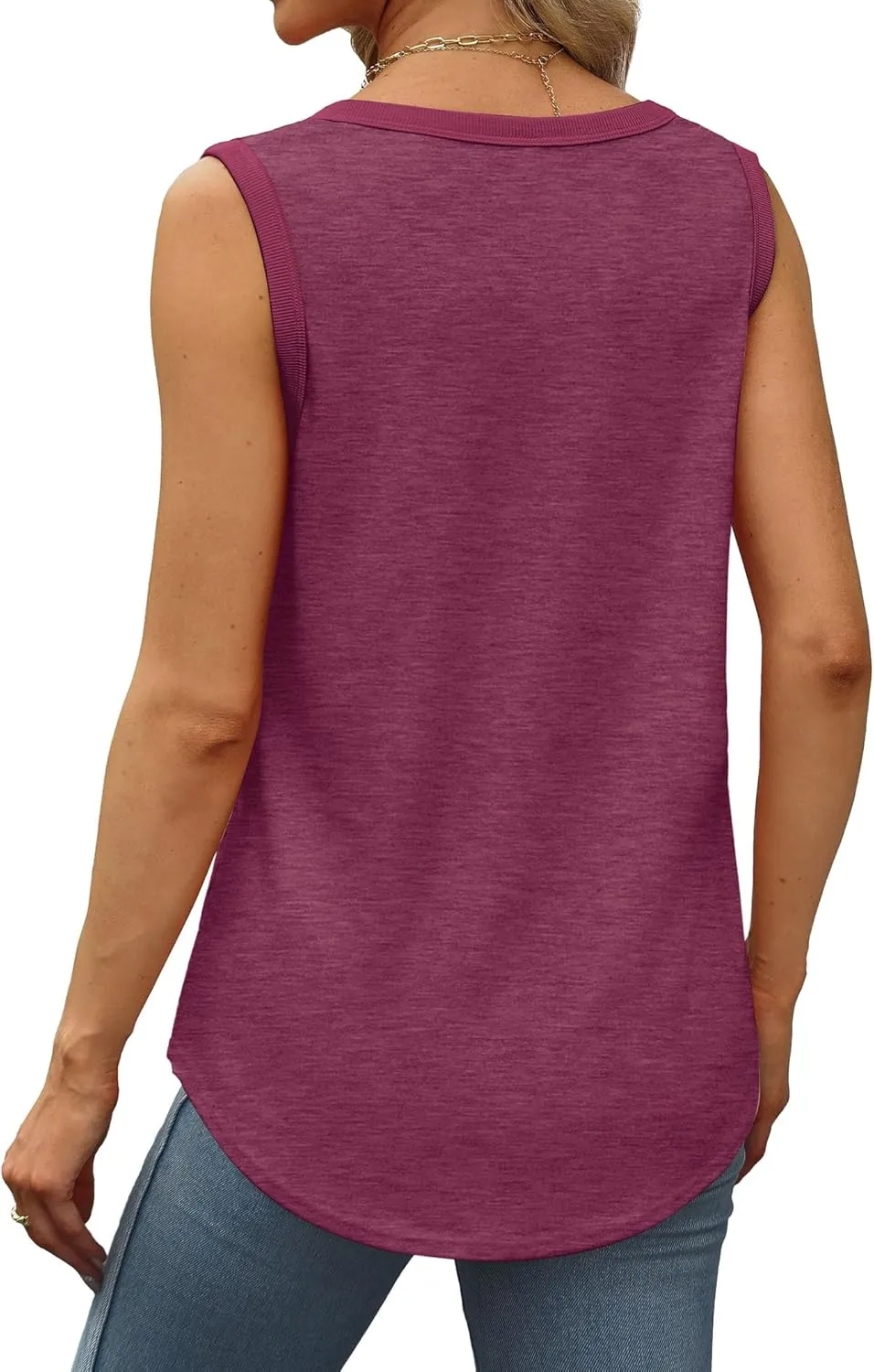 Saloogoe Womens Tank Tops Summer Loose Sleeveless Tops Ribbed Trim Scoop Neck Curved Hem 2024