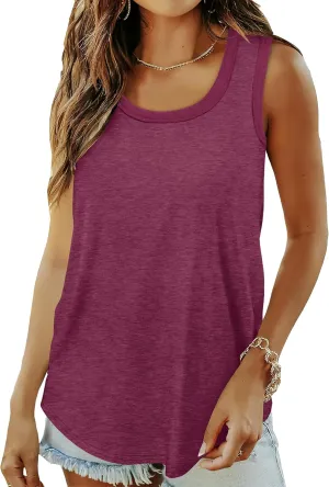 Saloogoe Womens Tank Tops Summer Loose Sleeveless Tops Ribbed Trim Scoop Neck Curved Hem 2024