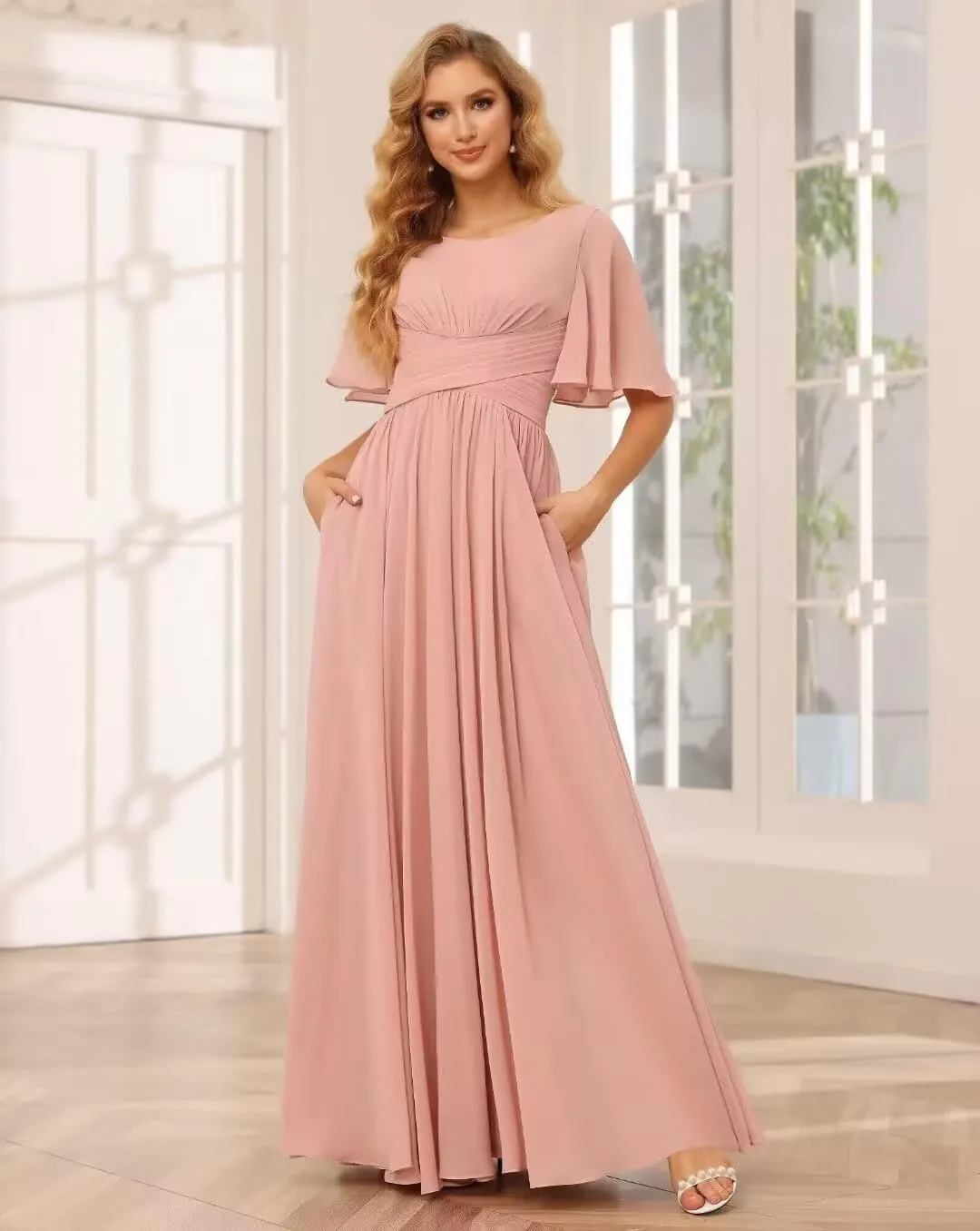 Scoop Flutter Sleeve Bridesmaid Dresses with Pockets A-Line Long Chiffon Formal Party Dress RO158
