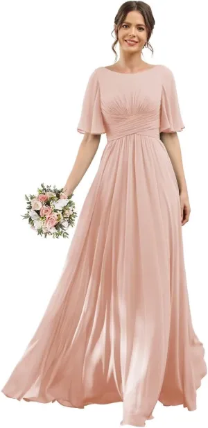 Scoop Flutter Sleeve Bridesmaid Dresses with Pockets A-Line Long Chiffon Formal Party Dress RO158