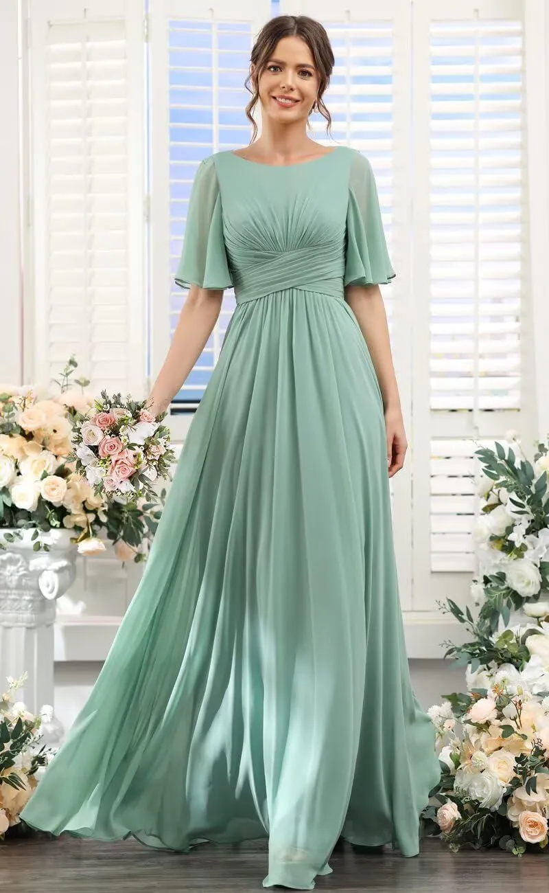 Scoop Flutter Sleeve Bridesmaid Dresses with Pockets A-Line Long Chiffon Formal Party Dress RO158