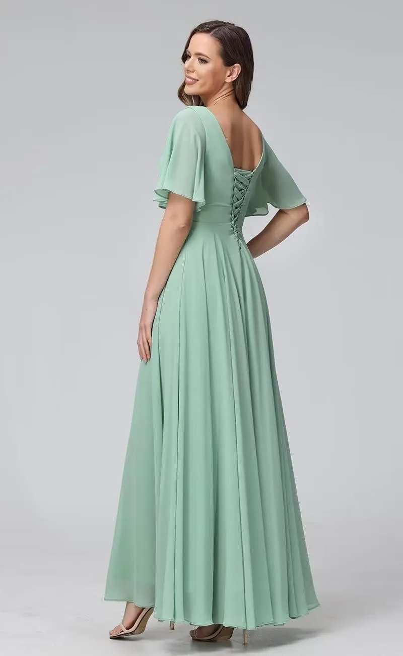 Scoop Flutter Sleeve Bridesmaid Dresses with Pockets A-Line Long Chiffon Formal Party Dress RO158