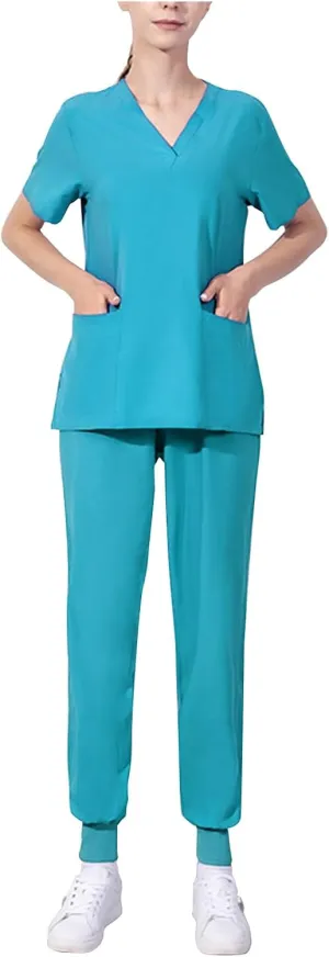 Scrubs Set for Women Short Sleeve V Neck Nurse Uniform Jogger Suit Comfy Top & Pants with Pocket Workwear