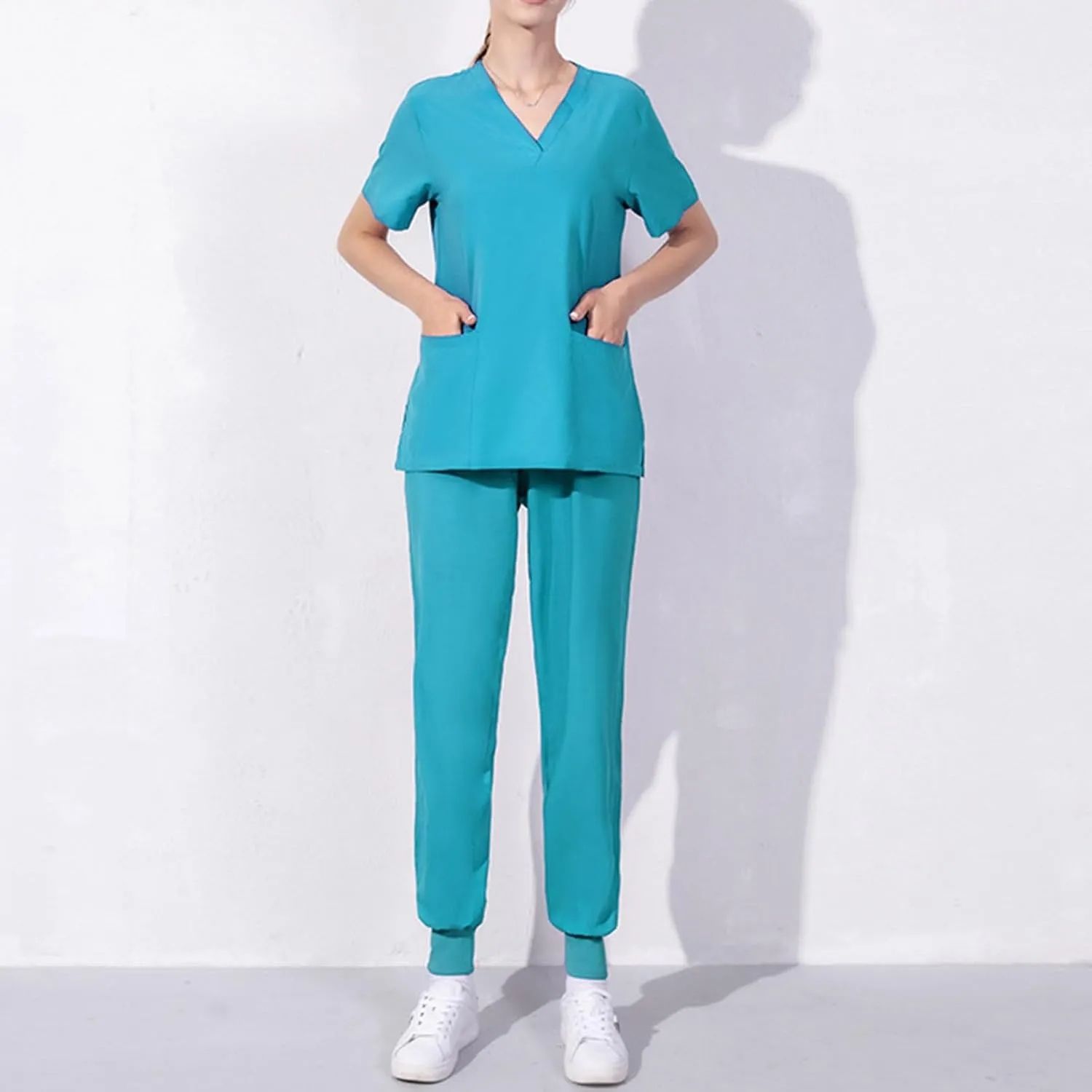 Scrubs Set for Women Short Sleeve V Neck Nurse Uniform Jogger Suit Comfy Top & Pants with Pocket Workwear